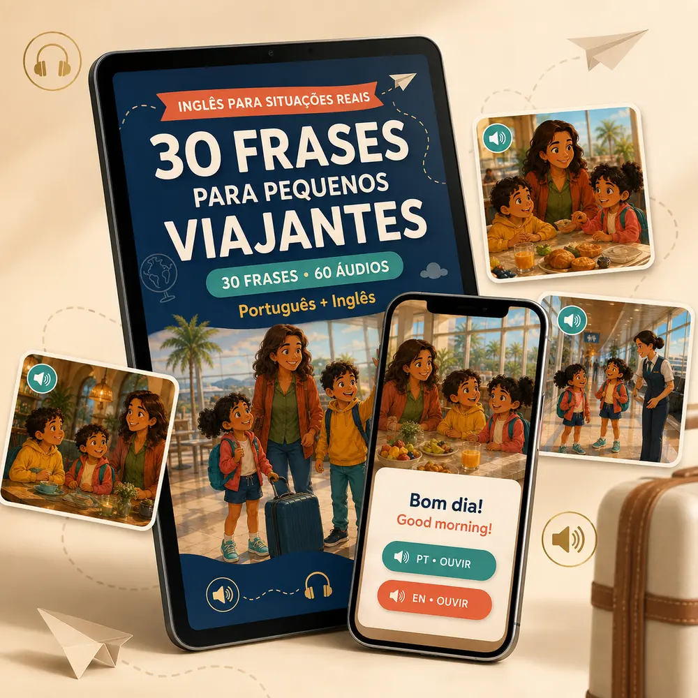 Mockup digital das 30 Frases para Pequenos Viajantes em tablet e celular