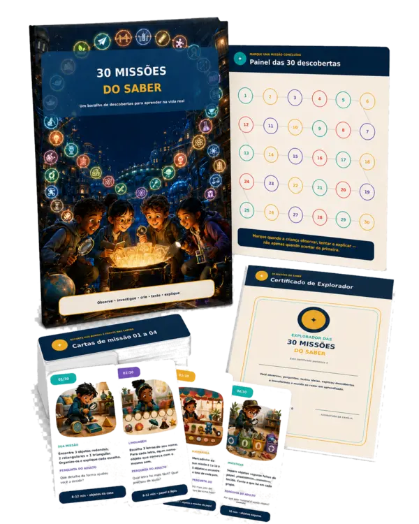 Mockup do 30 Missões do Saber com cartas, painel de descobertas e certificado