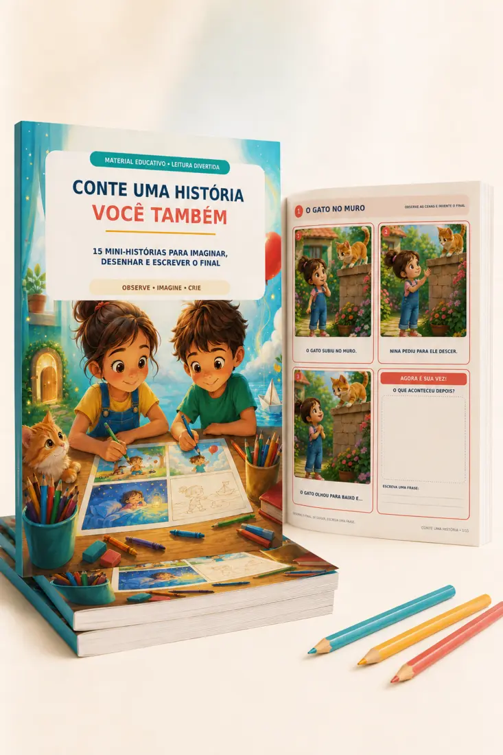 Mockup do material Conte uma História Você Também com cenas ilustradas