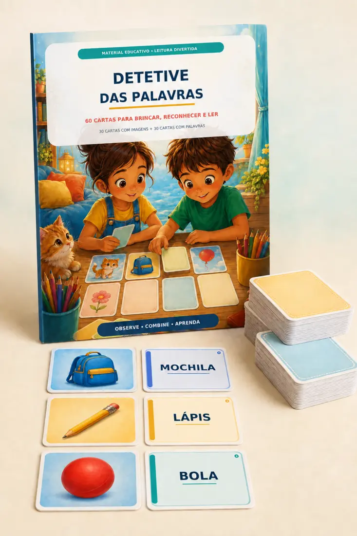 Mockup do Detetive das Palavras com cartas ilustradas e cartas de palavras