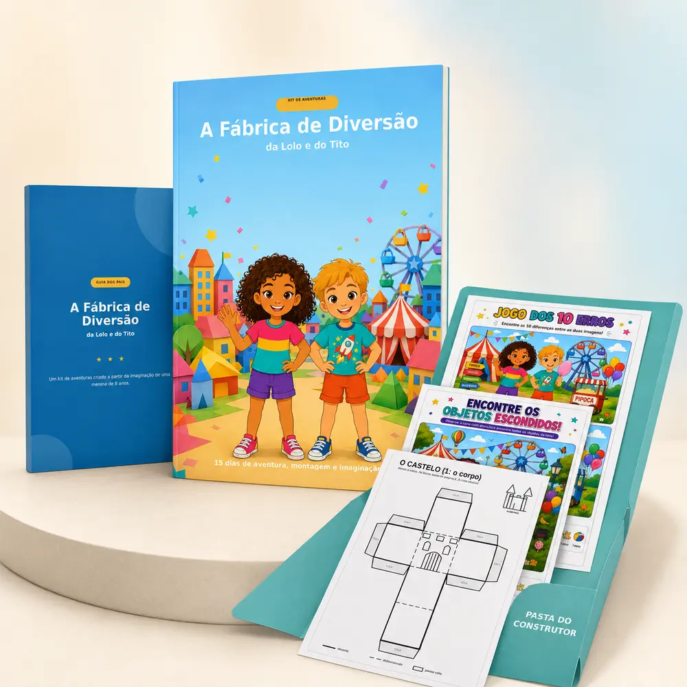 Mockup da Fábrica de Diversão da Lolo e do Tito com livro e atividades