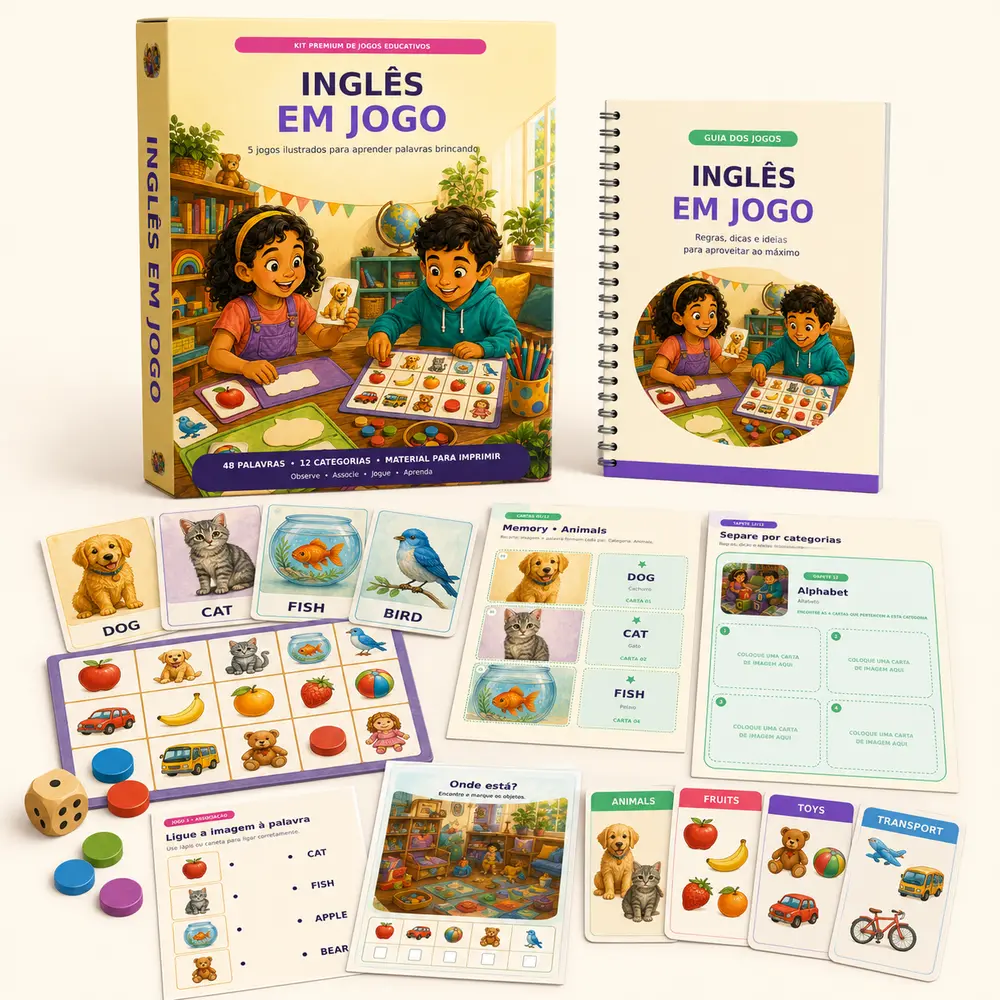 Mockup do Inglês em Jogo com cartas, tabuleiros e atividades imprimíveis