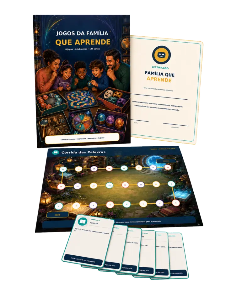 Mockup dos Jogos da Família que Aprende com tabuleiro, cartas e certificado