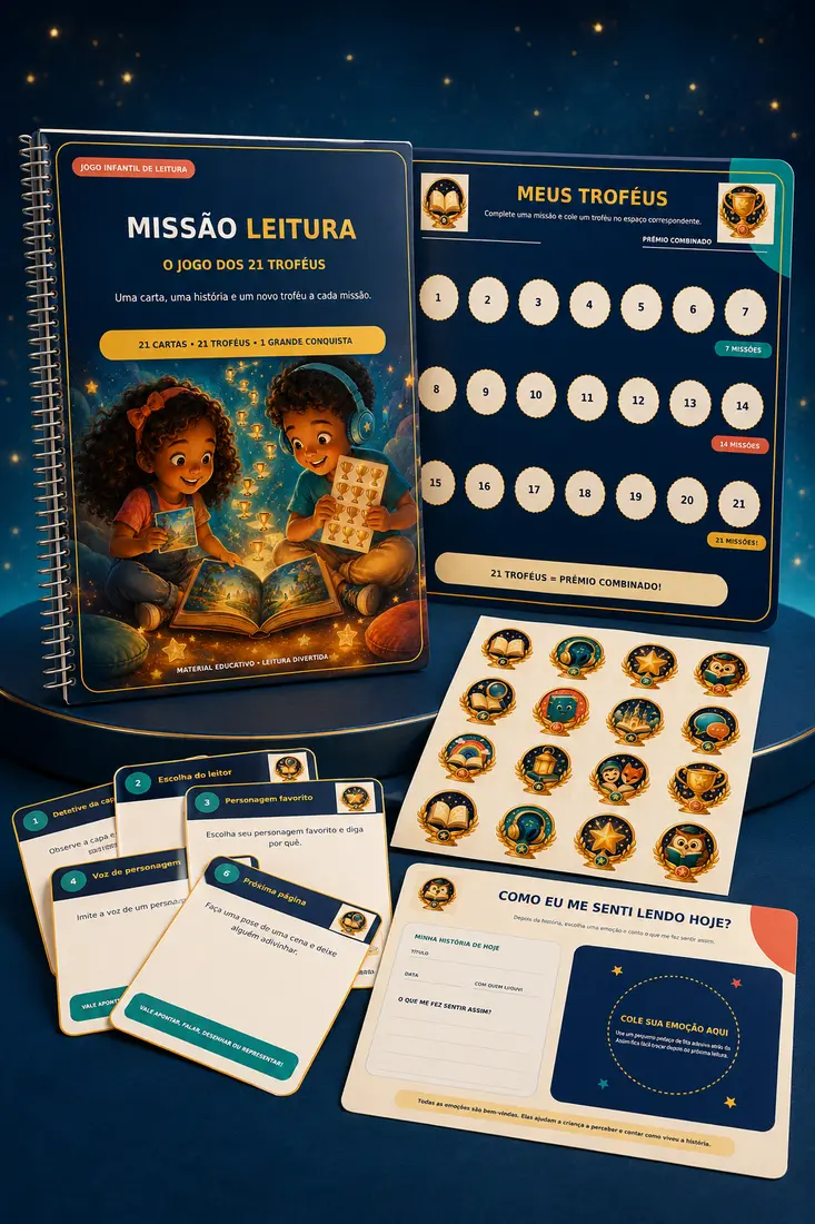 Mockup do Missão Leitura com cartas, quadro de troféus e materiais de apoio