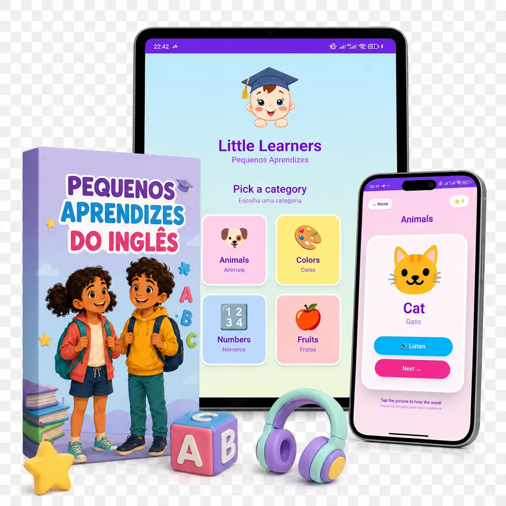 Mockup do aplicativo Pequenos Aprendizes do Inglês em tablet e celular