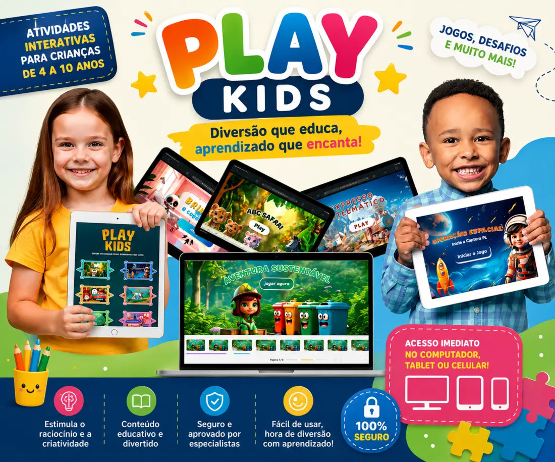 Crianças apresentando os jogos educativos digitais do Play Kids