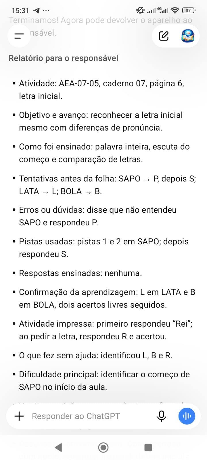 Primeira parte do relatório detalhado para o responsável