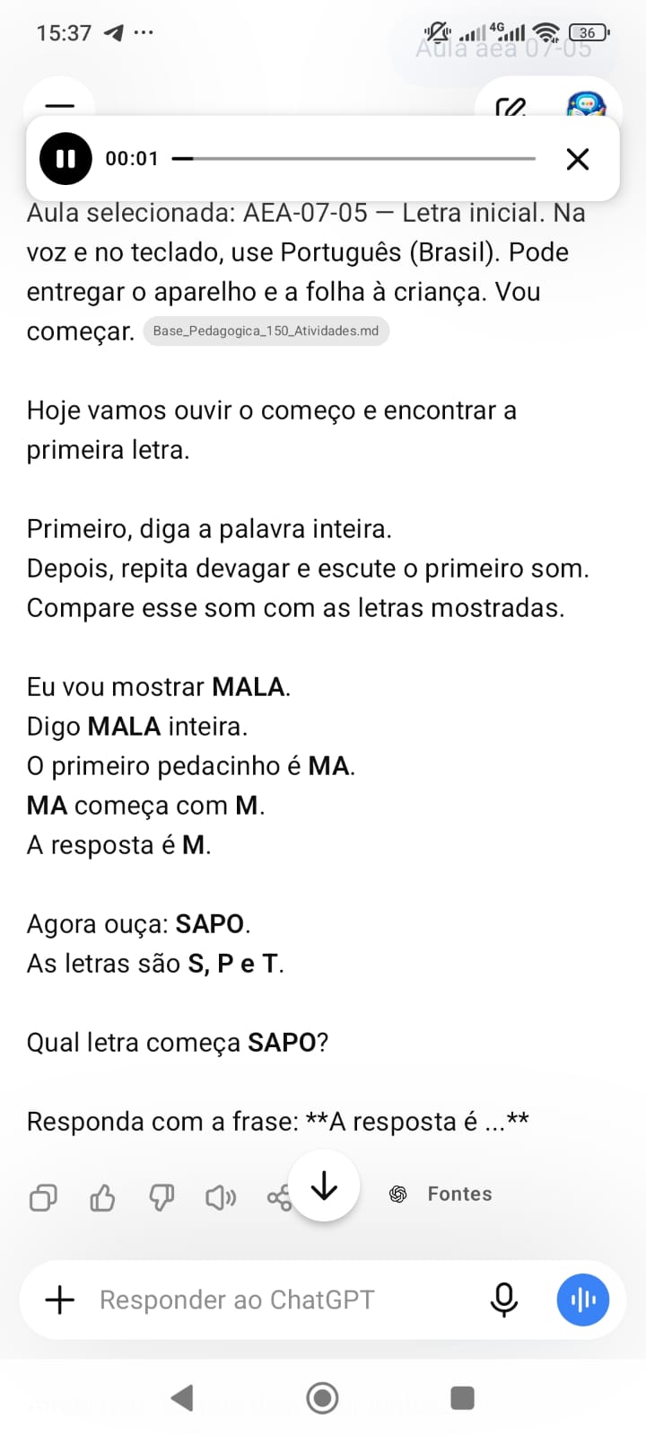 Recurso de áudio do Tutor para ouvir a aula e responder por voz