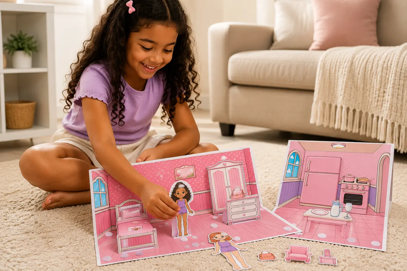 Menina brincando com os ambientes e personagens da Casinha Encantada